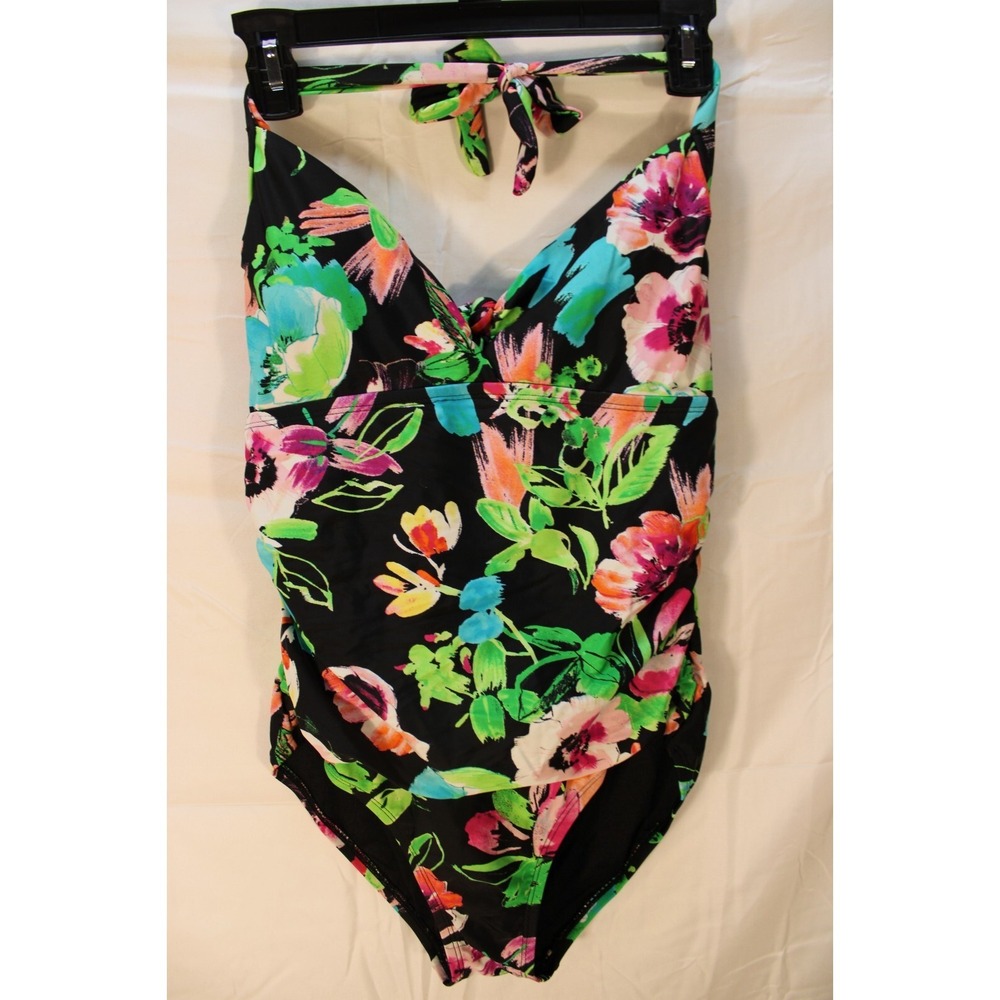catalina womens floral halter one piece swimsuit size M 8/10 black white